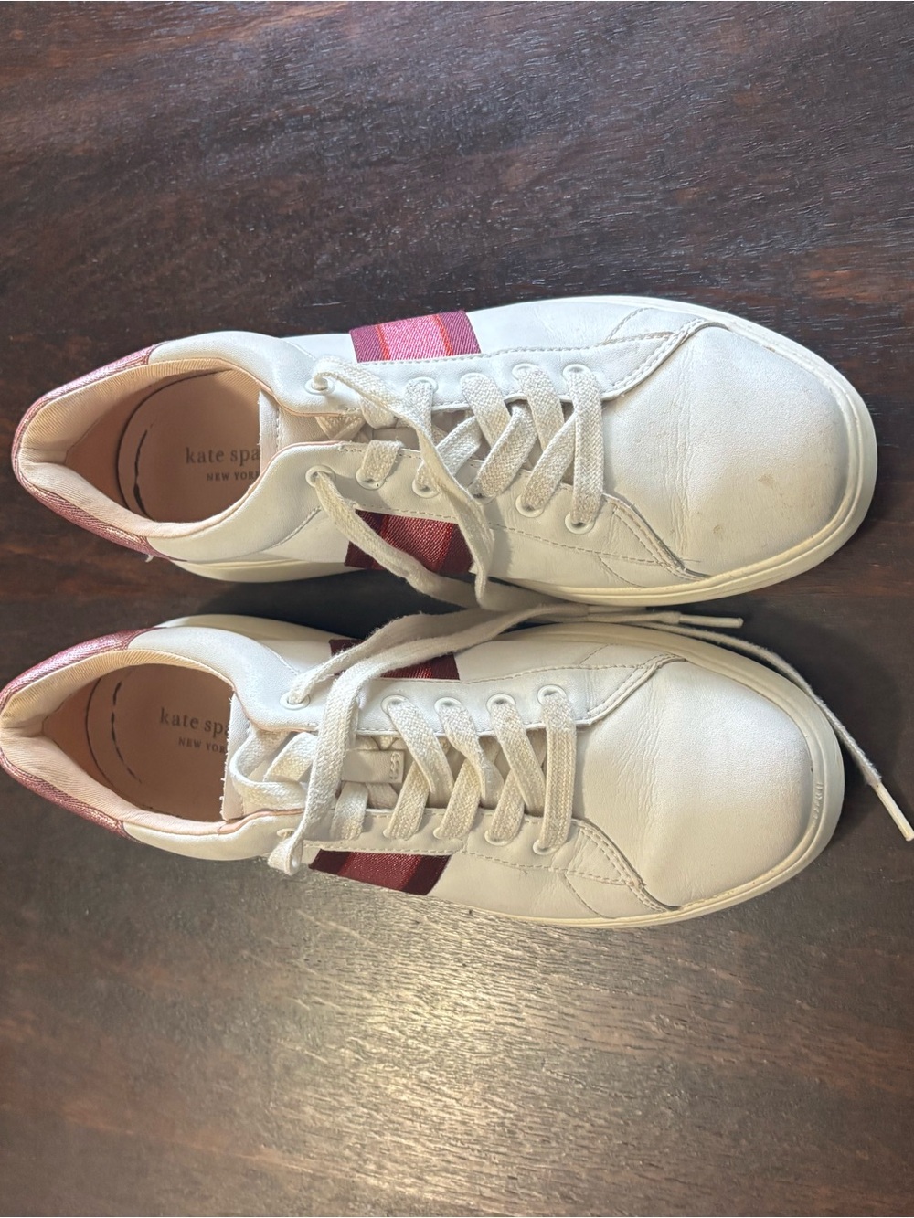 kate spade White Leather Sneakers with Pink Stripe
